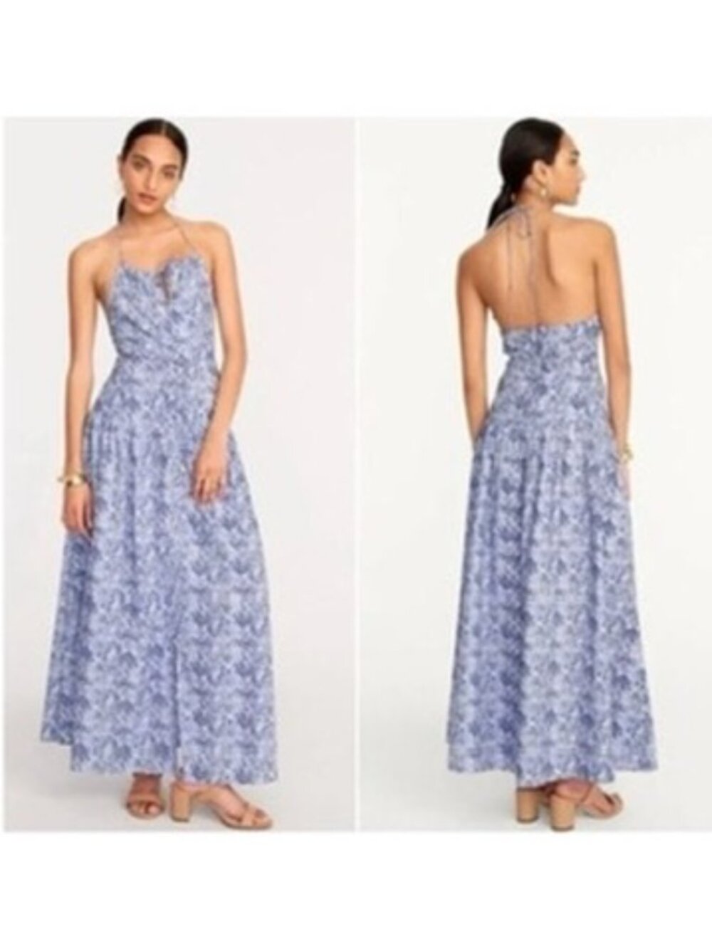 J.Crew Anguilla Halter Maxi Dress | Blue & White Floral | Size 8